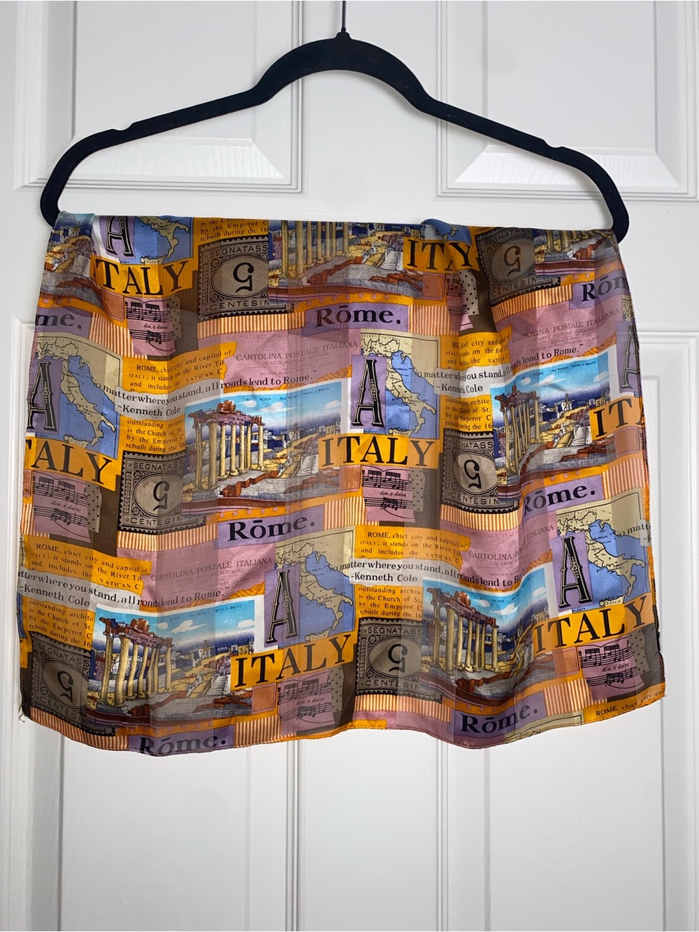 Kenneth Cole Italy Print Satin Scarf in Yellow, Blue, Purple, Brown‎